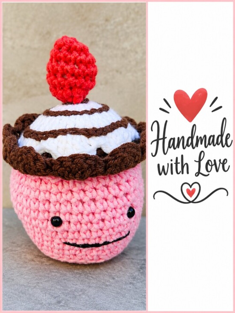 NEW Handmade Crochet Cupcake Pink White Brown Mini Decor